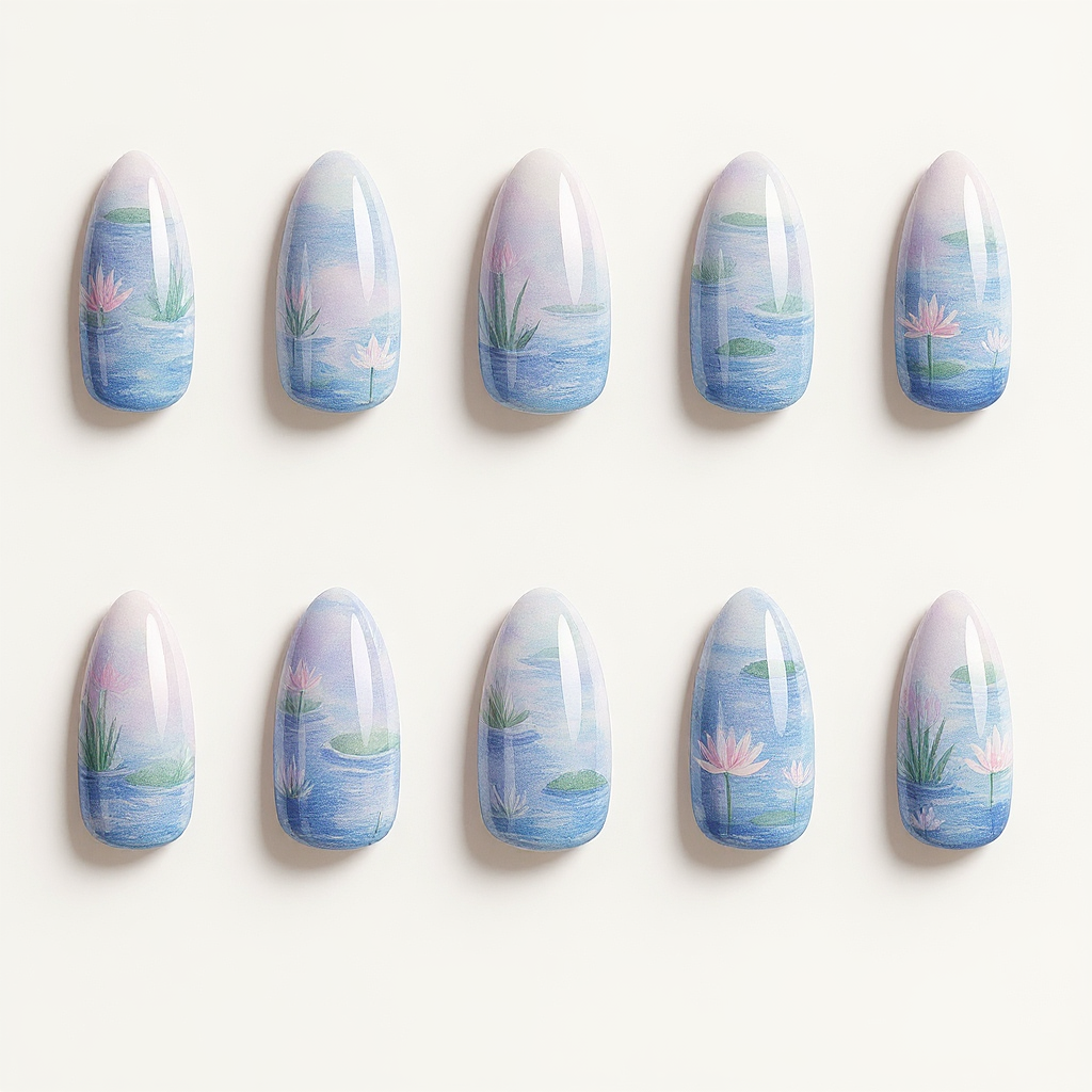 Full set of Monet Water Lilies Art Almond Medium Hand-Painted Press-On Nails — AI design preview