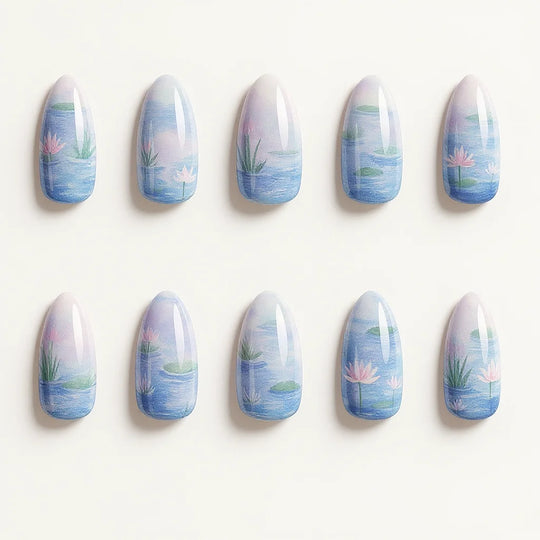 Full set of Monet Water Lilies Art Almond Medium Hand-Painted Press-On Nails