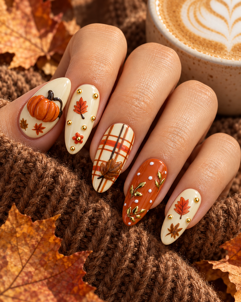 Autumn Leaf Latte Hand-Painted Press-On Nails