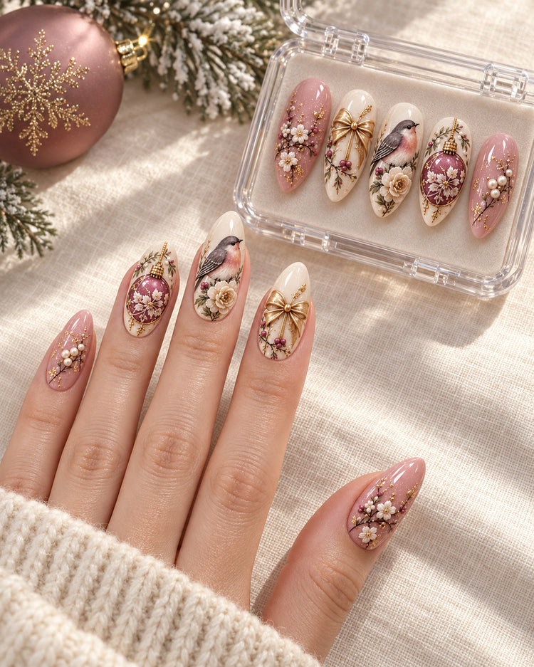 Mauve Serenade press-on nails worn, shown with the gift box