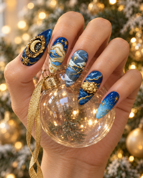 Midnight Celestial Hand-Painted Press-On Nails