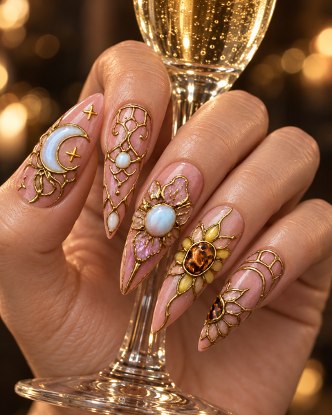 Rose Gold Celestial Hand-Painted Press-On Nails