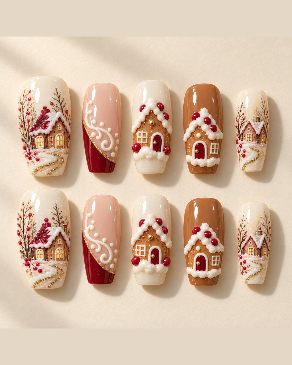 Gingerbread Village I full set of 10 hand-painted nails