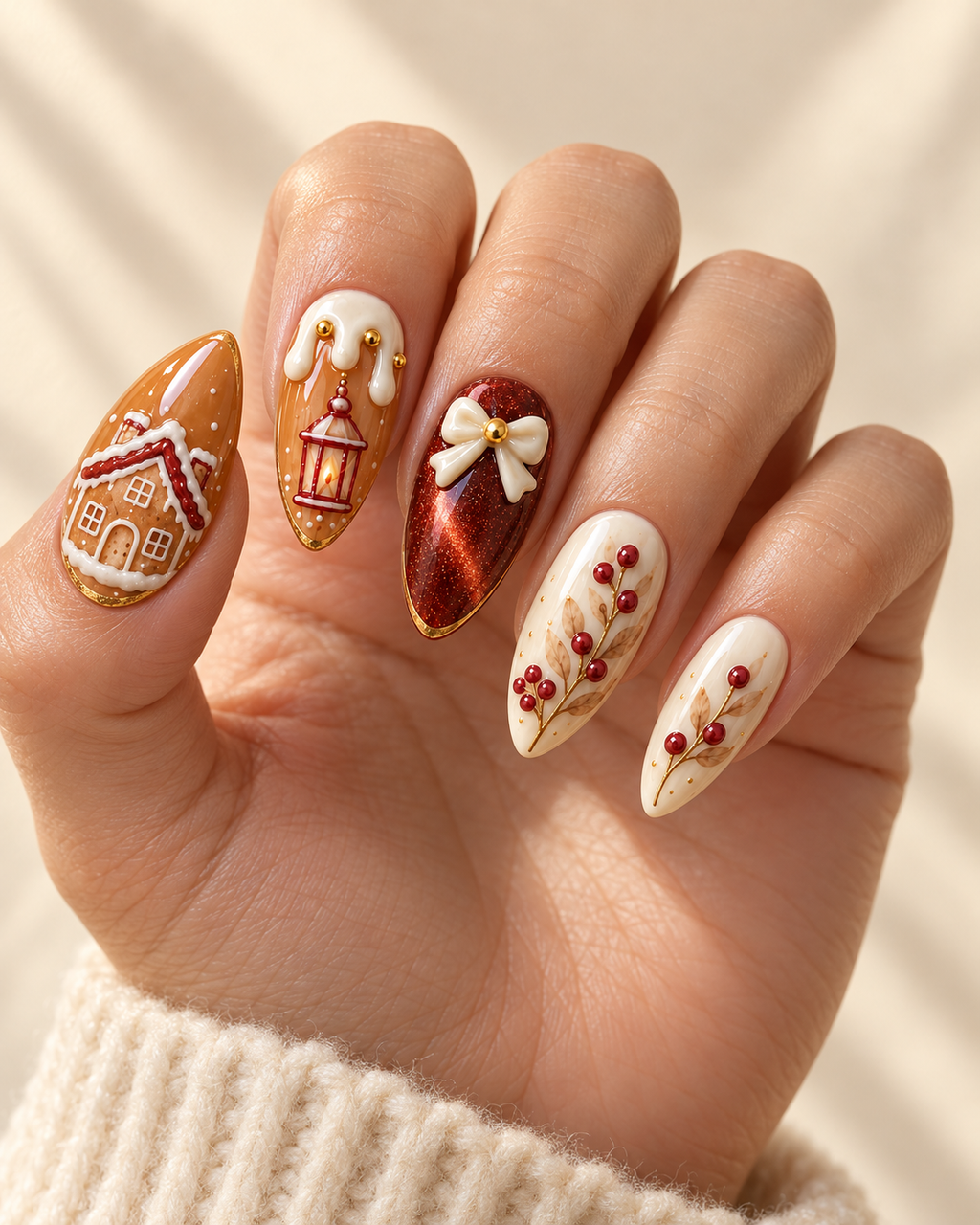 Cinnamon Lanterns hand-painted press-on nails shown on a hand