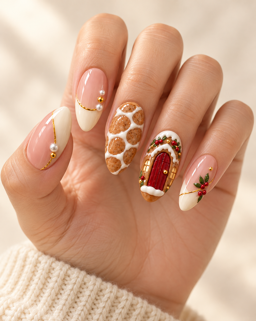 Iced Cobblestone hand-painted press-on nails shown on a hand
