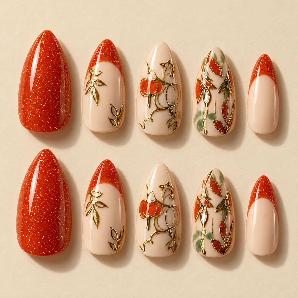 Full set of 10 Golden Pumpkin Vine hand-painted press-on nails