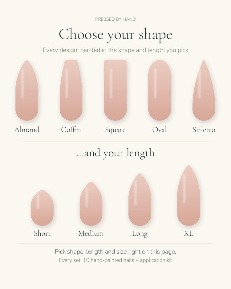 Choose your nail shape (Almond, Coffin, Square, Oval, Stiletto) and length (Short, Medium, Long, XL)