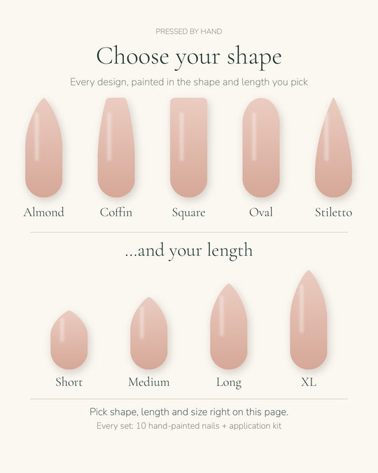 Choose your nail shape (Almond, Coffin, Square, Oval, Stiletto) and length (Short, Medium, Long, XL)