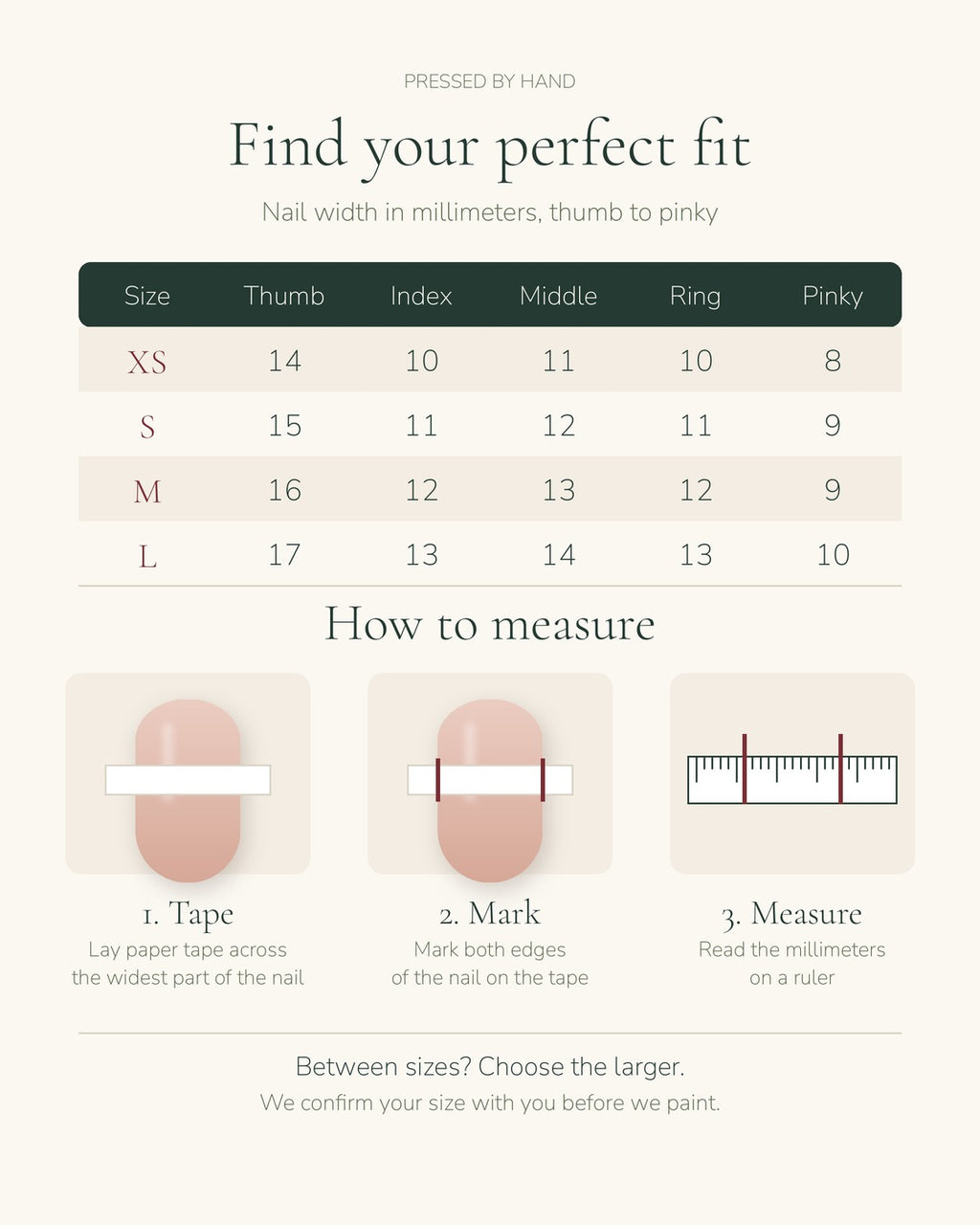 Size chart XS to L in millimeters and how to measure your nails