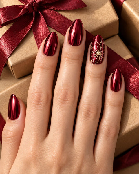 Merlot Poinsettia Press-On Nails