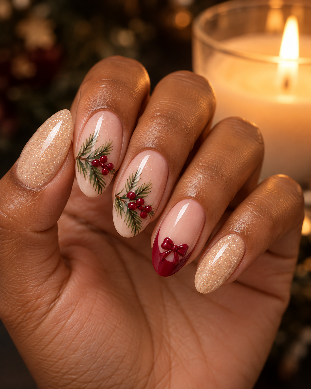 Winter Pine & Berry Hand-Painted Press-On Nails — hand lifestyle scene, AI design preview