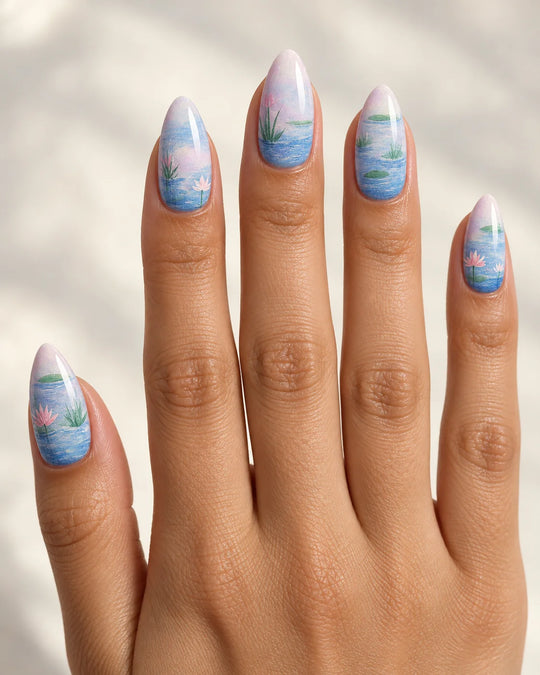 Monet Water Lilies Press-On Nails — hand lifestyle scene