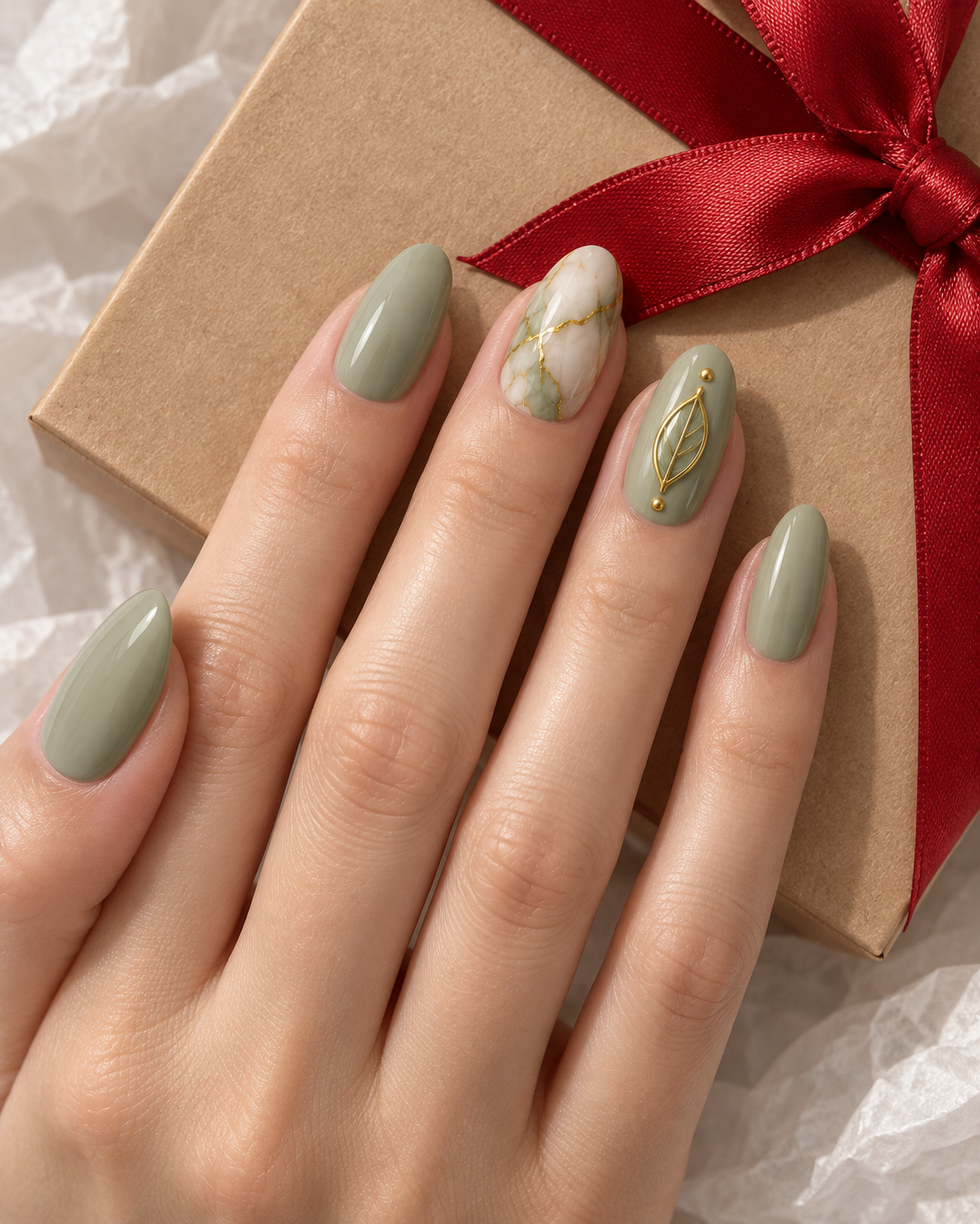 Pistachio Vein Press-On Nails — hand lifestyle scene, AI design preview