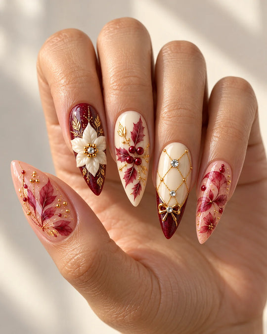 Winter Heirloom Hand-Painted Press-On Nails — hand lifestyle scene