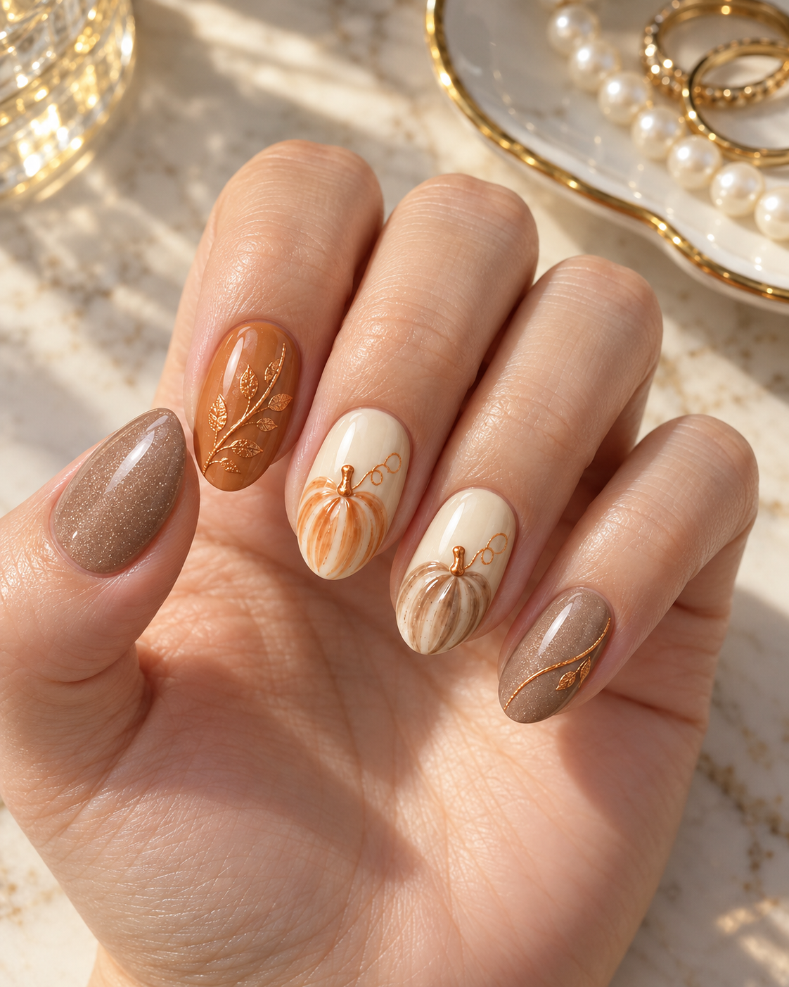 Caramel Pumpkin Lines Hand-Painted Press-On Nails — hand lifestyle scene, AI design preview