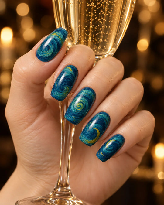 Van Gogh Starry Night Press-On Nails — hand lifestyle scene