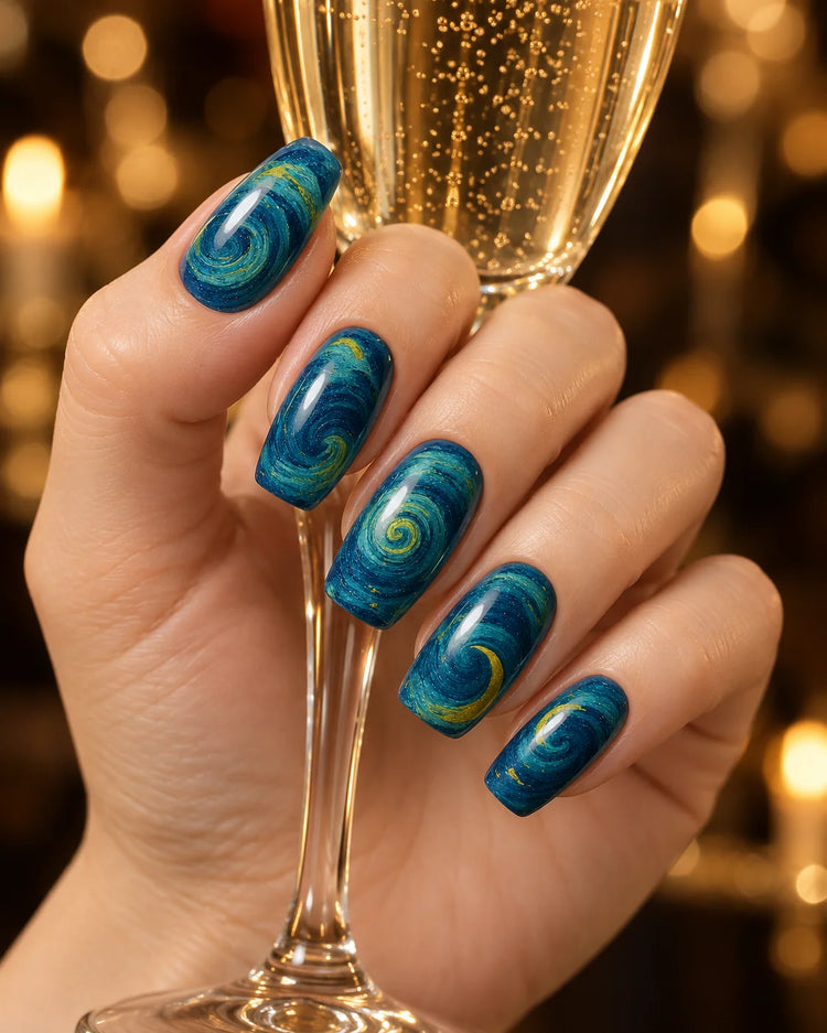 Van Gogh Starry Night Press-On Nails — hand lifestyle scene