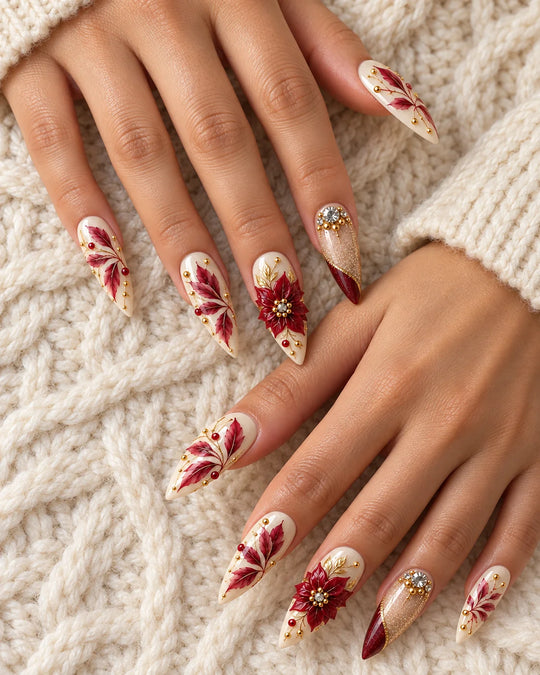 Poinsettia Atelier Hand-Painted Press-On Nails — hand lifestyle scene