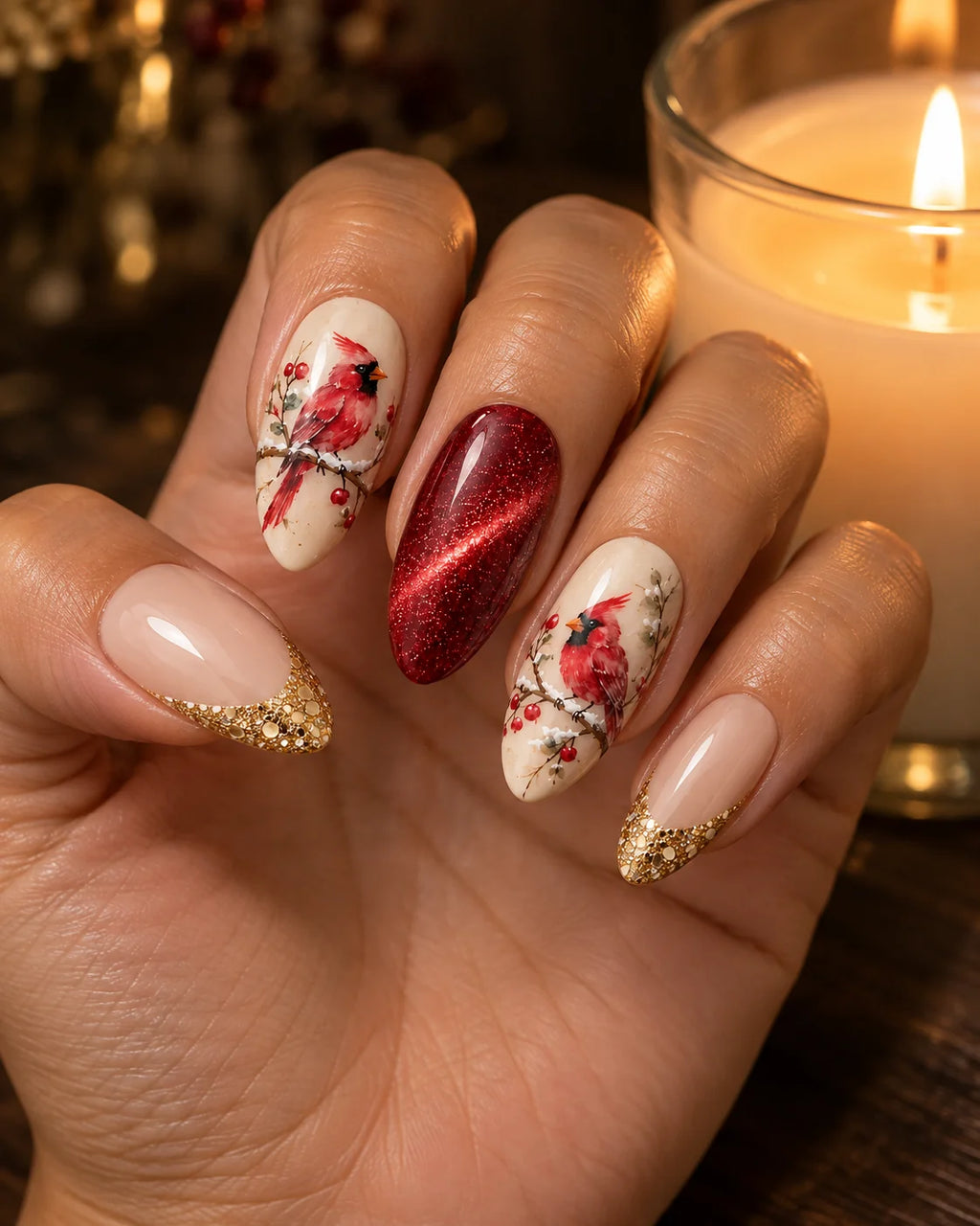 Cardinal in the Snow Hand-Painted Press-On Nails — hand lifestyle scene