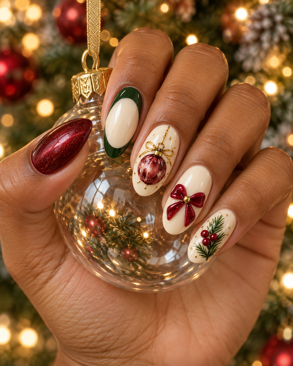 Christmas Heirloom Mix Hand-Painted Press-On Nails — hand lifestyle scene, AI design preview