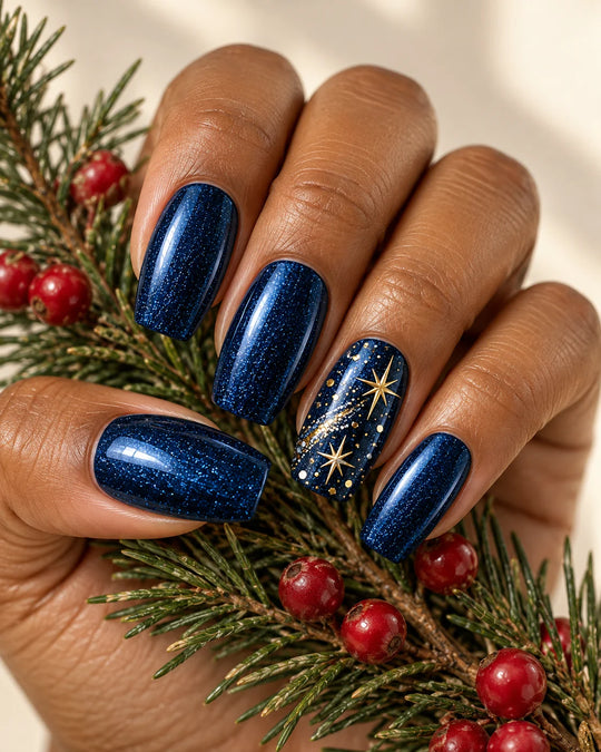 Navy Countdown Press-On Nails — hand lifestyle scene