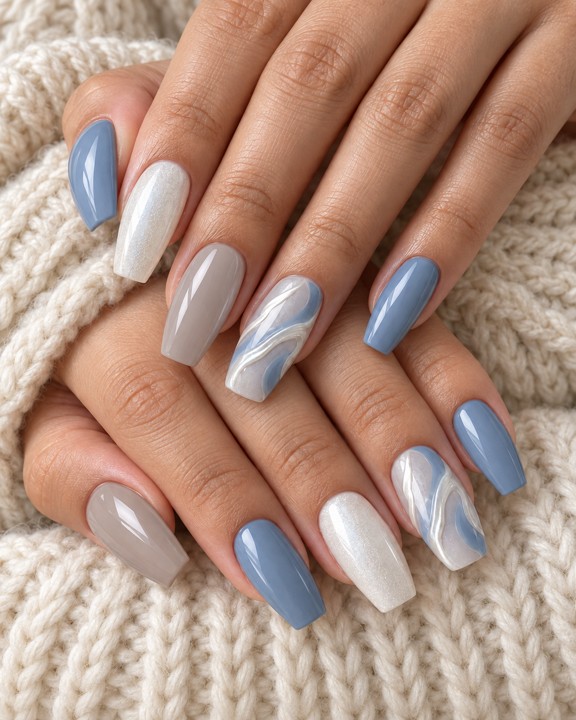 Blue Pearl Drift Press-On Nails — hand lifestyle scene, AI design preview