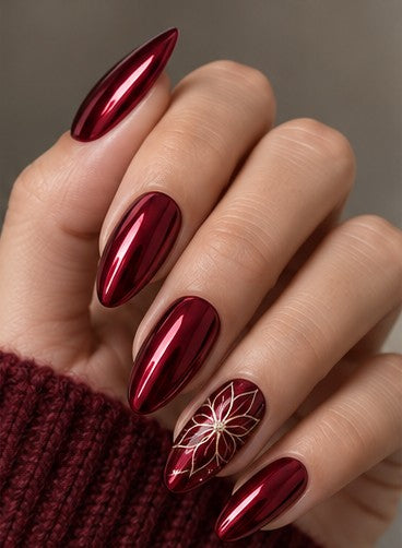 Merlot Poinsettia Almond Medium Hand-Painted Press-On Nails shown on a hand — AI design preview