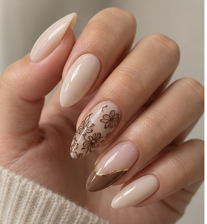 Black Tea Lace Almond Medium Hand-Painted Press-On Nails shown on a hand — AI design preview