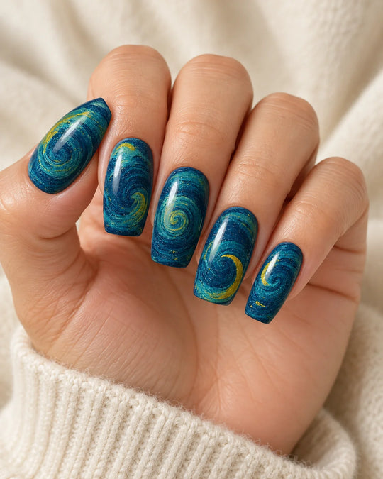 Van Gogh Starry Night Press-On Nails shown on a hand