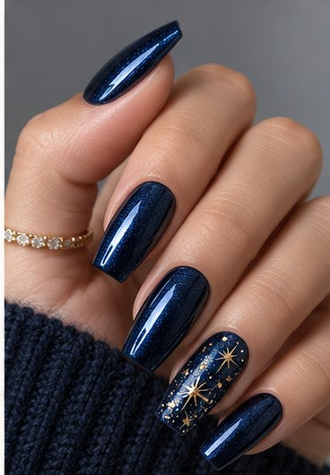 Navy Countdown Coffin Medium Hand-Painted Press-On Nails shown on a hand — AI design preview