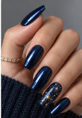 Navy Countdown Coffin Medium Hand-Painted Press-On Nails shown on a hand — AI design preview