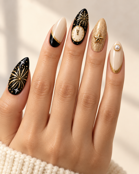 Champagne Stars Hand-Painted Press-On Nails
