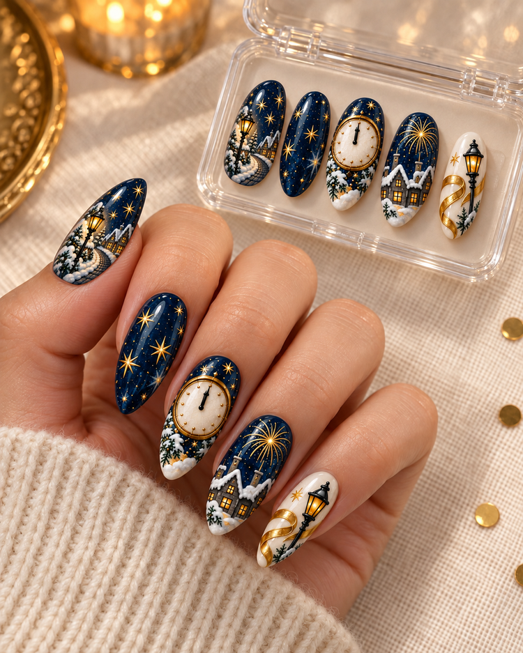 Midnight Village press-on nails worn with the gift box