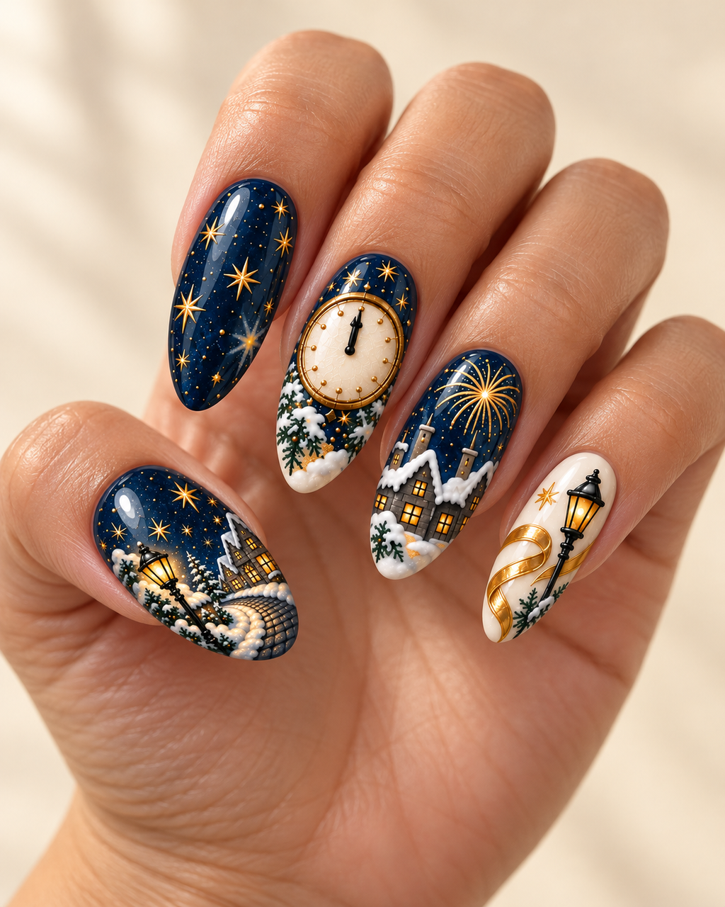 Midnight Village hand-painted press-on nails shown on a hand