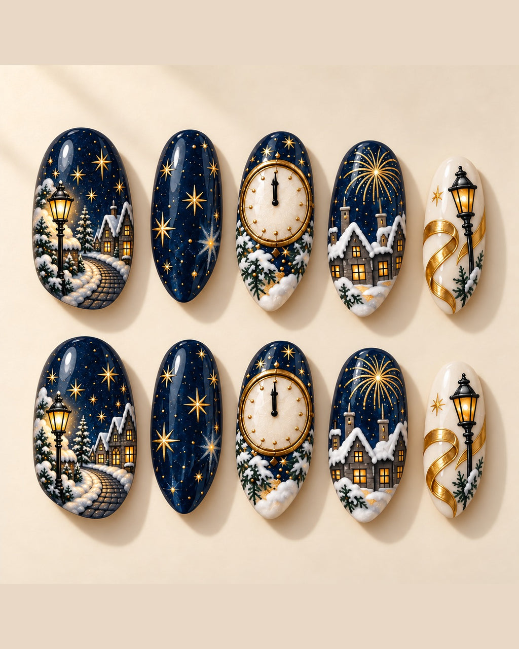 Full set of 10 Midnight Village hand-painted press-on nails
