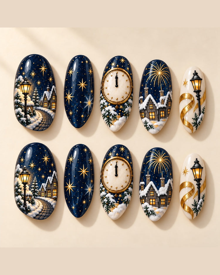 Full set of 10 Midnight Village hand-painted press-on nails