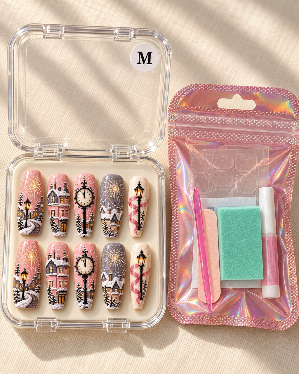 Pearl Promenade press-on nails in a clear gift box with application kit