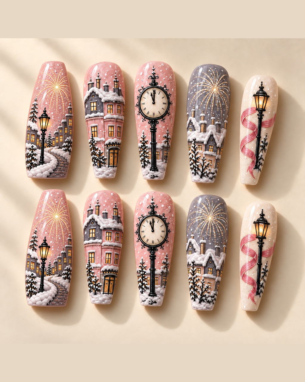 Full set of 10 Pearl Promenade hand-painted press-on nails