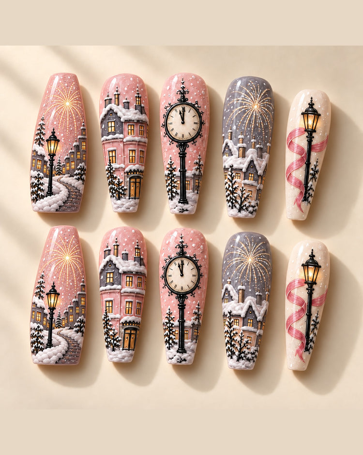 Full set of 10 Pearl Promenade hand-painted press-on nails