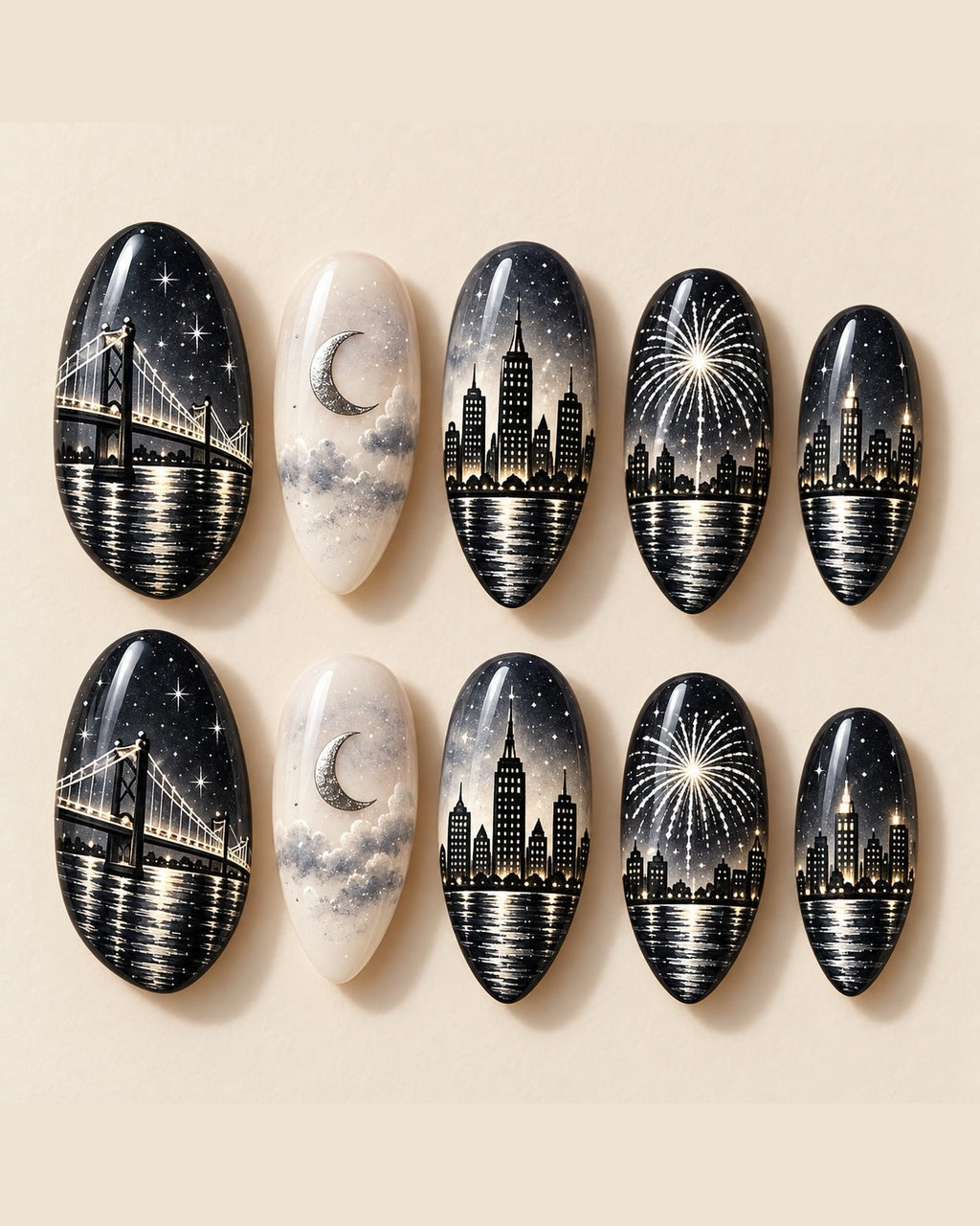 Silver Skyline full set of ten hand-painted press-on nails, design preview