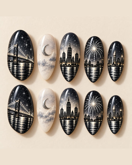 Silver Skyline full set of ten hand-painted press-on nails, design preview