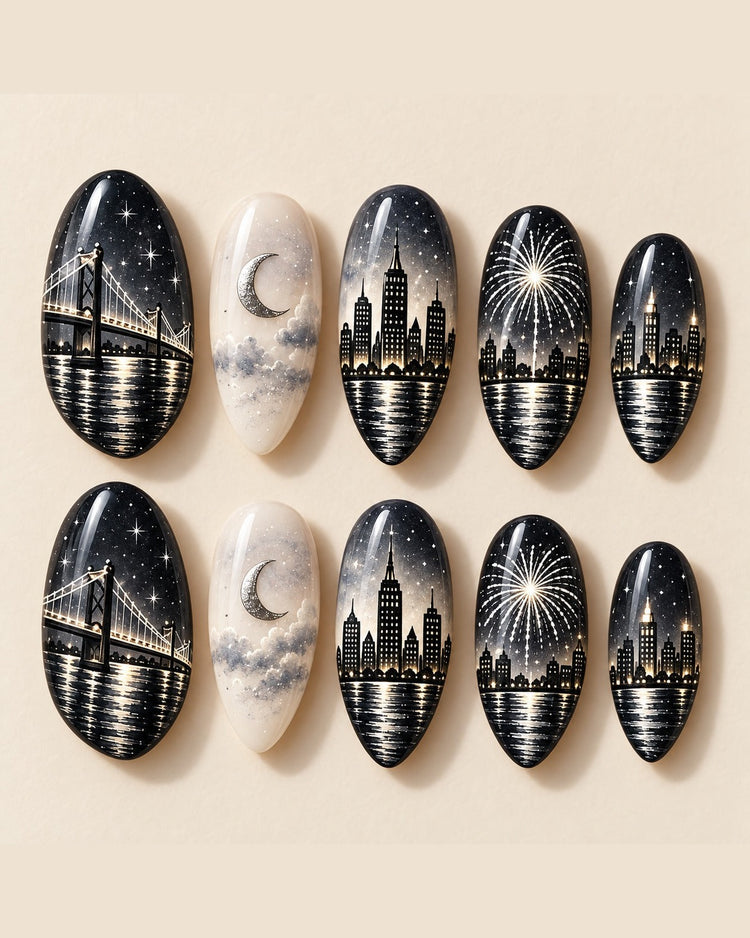 Silver Skyline full set of ten hand-painted press-on nails, design preview