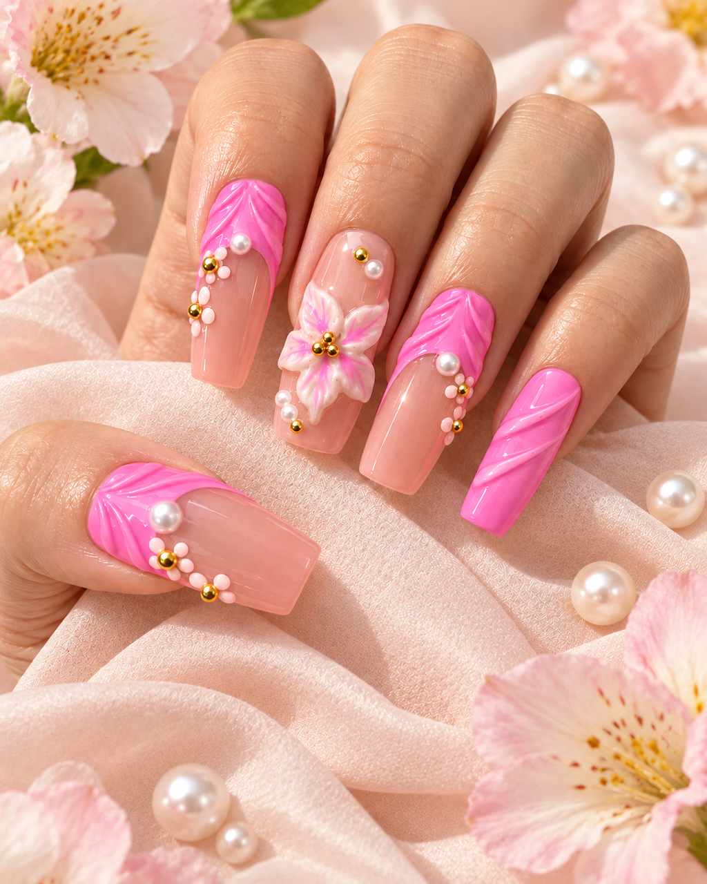 Pink Lily & Pearl hand-painted press-on nails shown on a hand