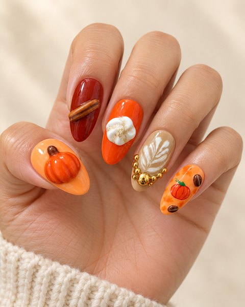 Pumpkin Spice Latte Hand-Painted Press-On Nails