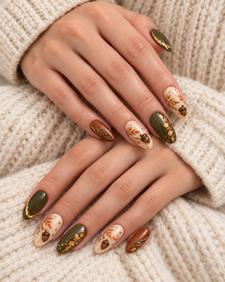 Rustic Acorn Folk Hand-Painted Press-On Nails shown on two hands