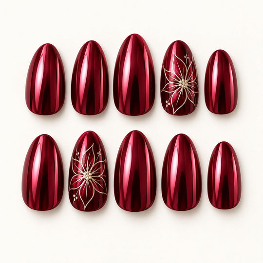 Full set of Merlot Poinsettia Almond Medium Hand-Painted Press-On Nails