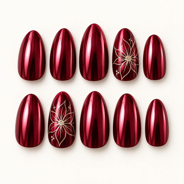 Full set of Merlot Poinsettia Almond Medium Hand-Painted Press-On Nails