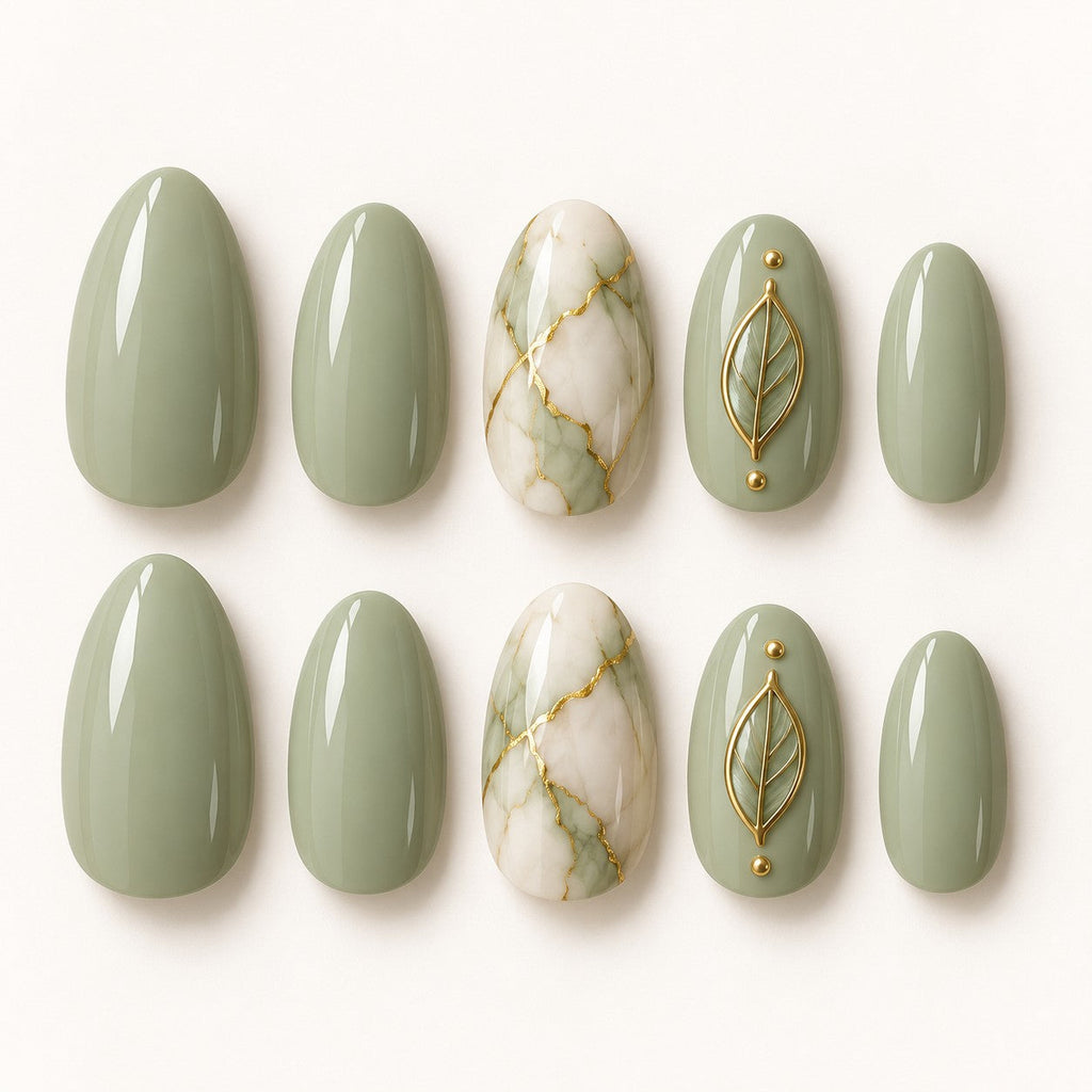 Full set of Pistachio Vein Almond Medium Hand-Painted Press-On Nails — AI design preview