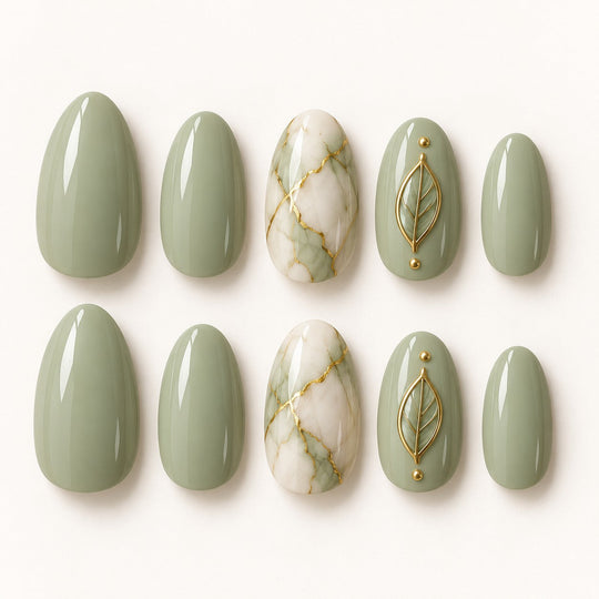 Full set of Pistachio Vein Almond Medium Hand-Painted Press-On Nails
