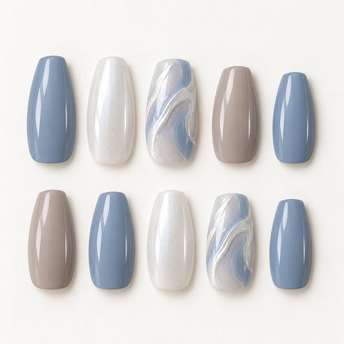 Full set of Blue Pearl Drift Almond Medium Hand-Painted Press-On Nails — AI design preview